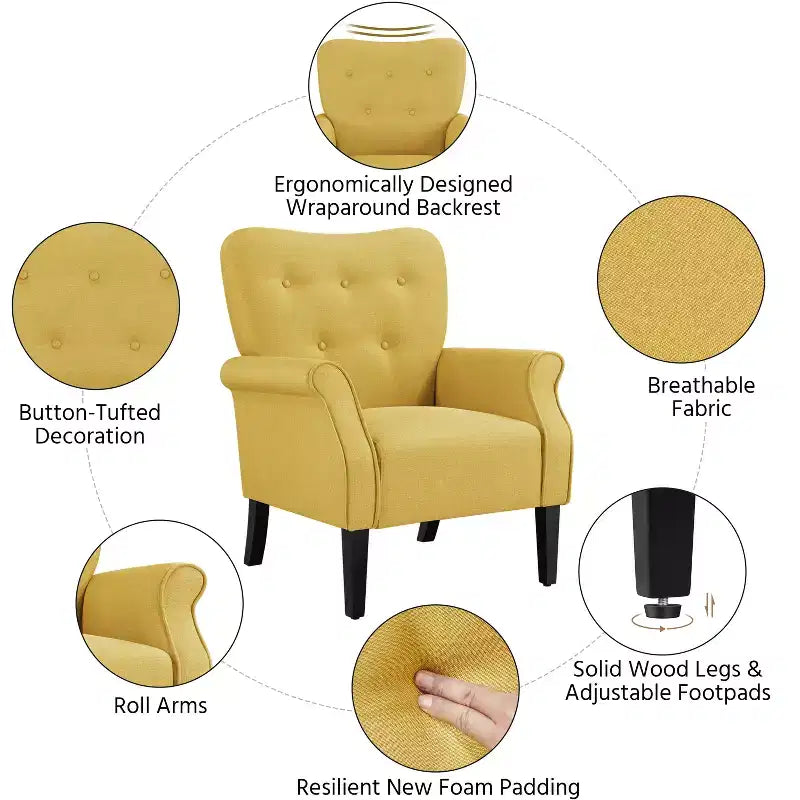 Lot de 2 fauteuils d'appoint modernes du milieu du siècle, dossier capitonné, accoudoirs arrondis, pieds en bois d'hévéa, capacité de 136 kg — Gris foncé/Jaune/Bleu marine