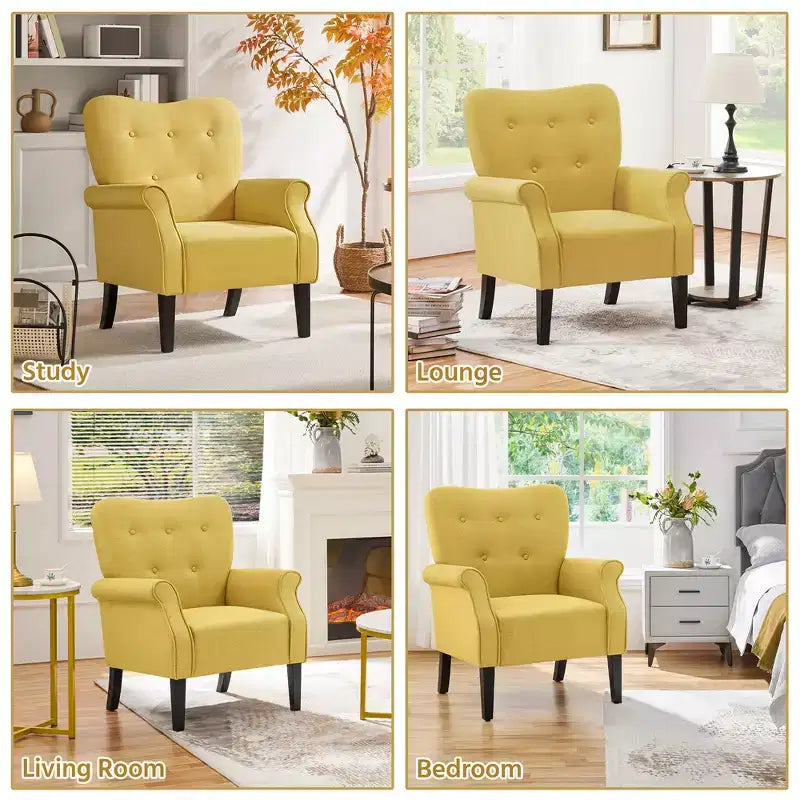 Lot de 2 fauteuils d'appoint modernes du milieu du siècle, dossier capitonné, accoudoirs arrondis, pieds en bois d'hévéa, capacité de 136 kg — Gris foncé/Jaune/Bleu marine