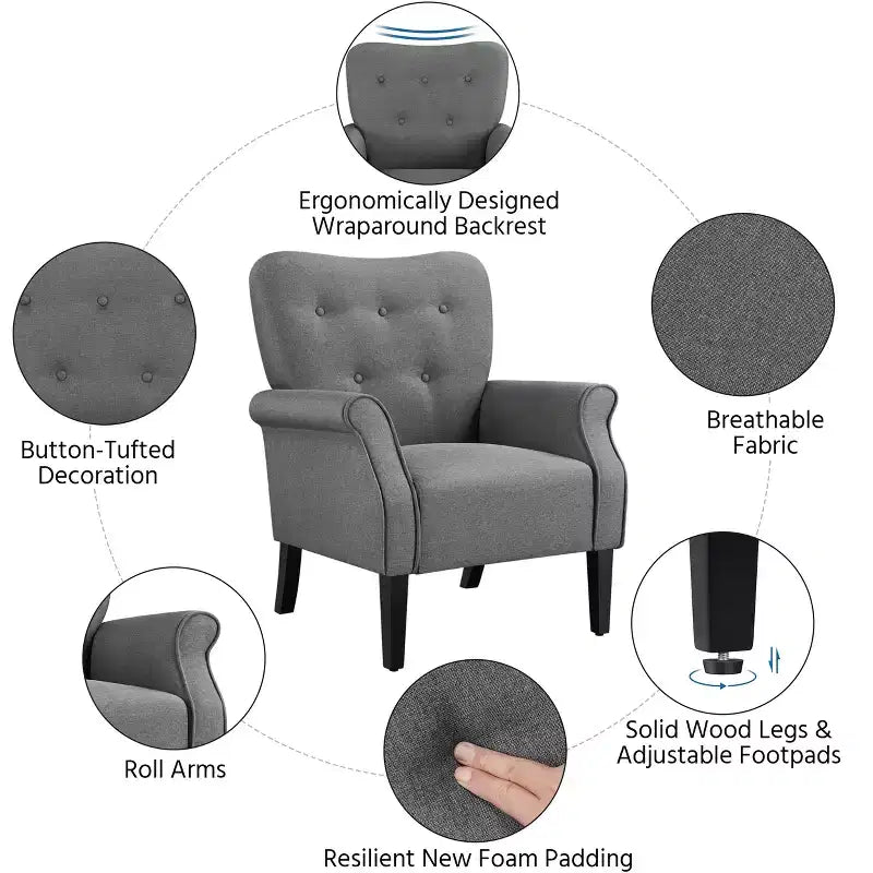 Lot de 2 fauteuils d'appoint modernes du milieu du siècle, dossier capitonné, accoudoirs arrondis, pieds en bois d'hévéa, capacité de 136 kg — Gris foncé/Jaune/Bleu marine