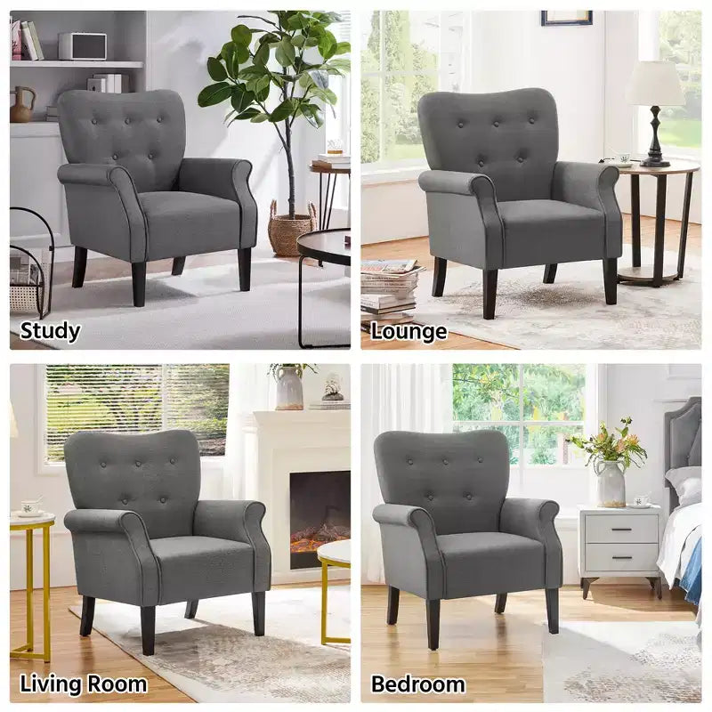 Lot de 2 fauteuils d'appoint modernes du milieu du siècle, dossier capitonné, accoudoirs arrondis, pieds en bois d'hévéa, capacité de 136 kg — Gris foncé/Jaune/Bleu marine