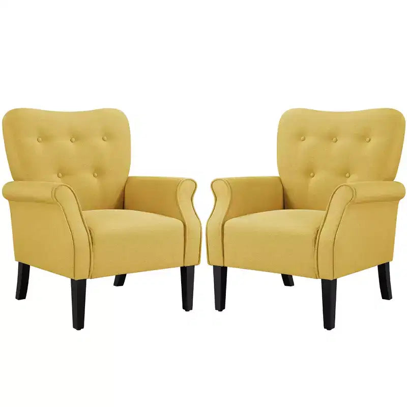 Lot de 2 fauteuils d'appoint modernes du milieu du siècle, dossier capitonné, accoudoirs arrondis, pieds en bois d'hévéa, capacité de 136 kg — Gris foncé/Jaune/Bleu marine