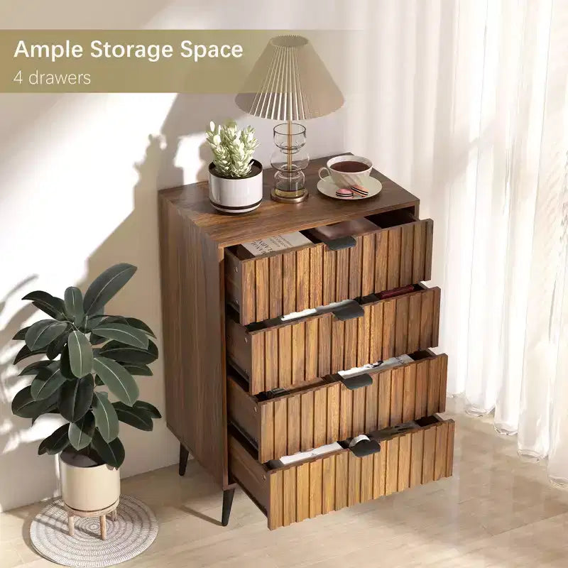 Commode 24 cannelures avec 4 tiroirs, commodes modernes pour chambre à coucher, organisateur de commode en bois avec tiroirs à bulles, marron