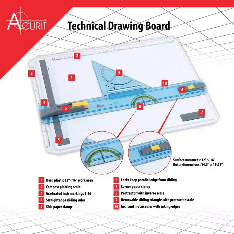 Table à dessin technique portable avec kit multi-outils, règle de butée, règle transparente, 36,8 cm x 50,2 cm