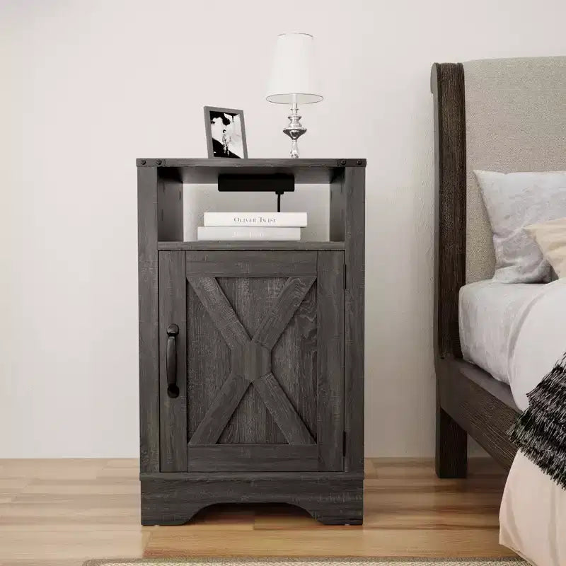 RoyalCraft Farmhouse Nightstand with Charging Station, Rustic End Table with Shelf and Storage for Bedroom or Home Office, Dark Grey