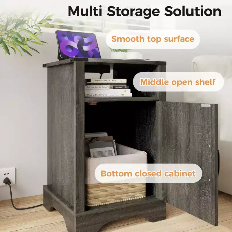 Table de chevet de ferme avec station de recharge intégrée, 2 ports USB et 2 prises, étagère et porte, gris foncé