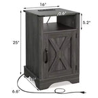 Table de chevet de ferme avec station de recharge intégrée, 2 ports USB et 2 prises, étagère et porte, gris foncé