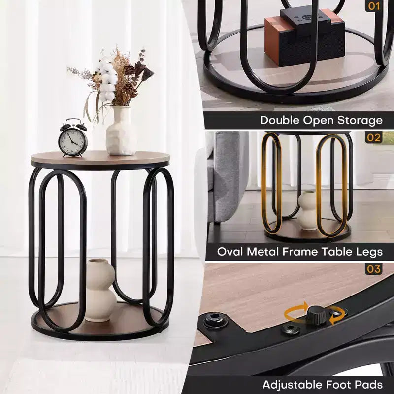 Table d'appoint industrielle ronde à 2 niveaux avec rangement, diamètre 50 cm, MDF et cadre métallique, capacité 63,5 kg