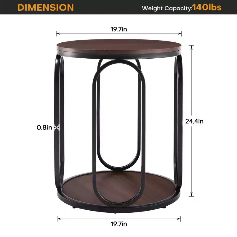 Table d'appoint industrielle ronde à 2 niveaux avec rangement, diamètre 50 cm, MDF et cadre métallique, capacité 63,5 kg