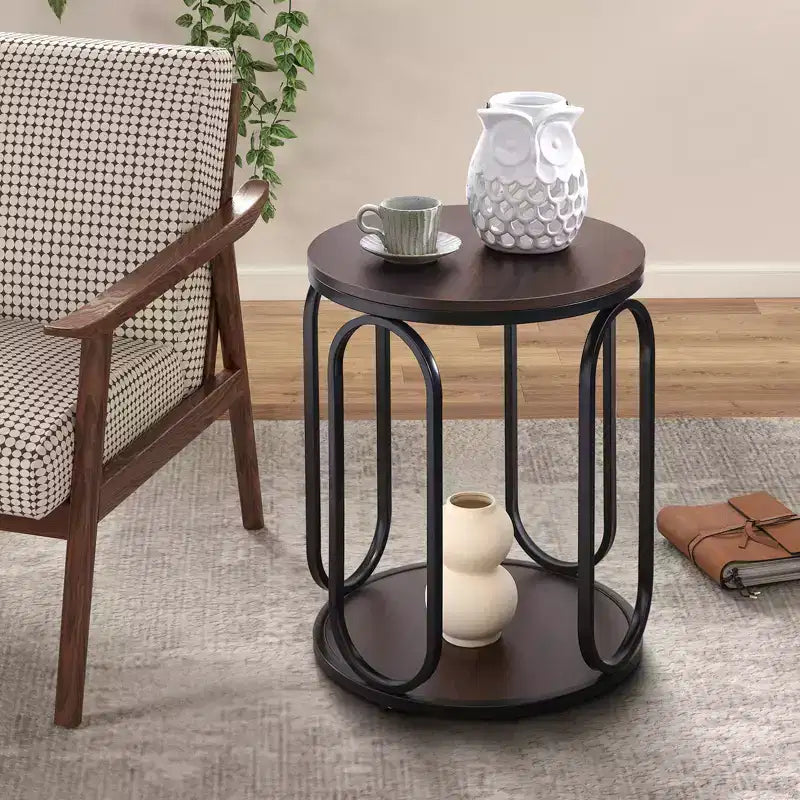 Table d'appoint industrielle ronde à 2 niveaux avec rangement, diamètre 50 cm, MDF et cadre métallique, capacité 63,5 kg