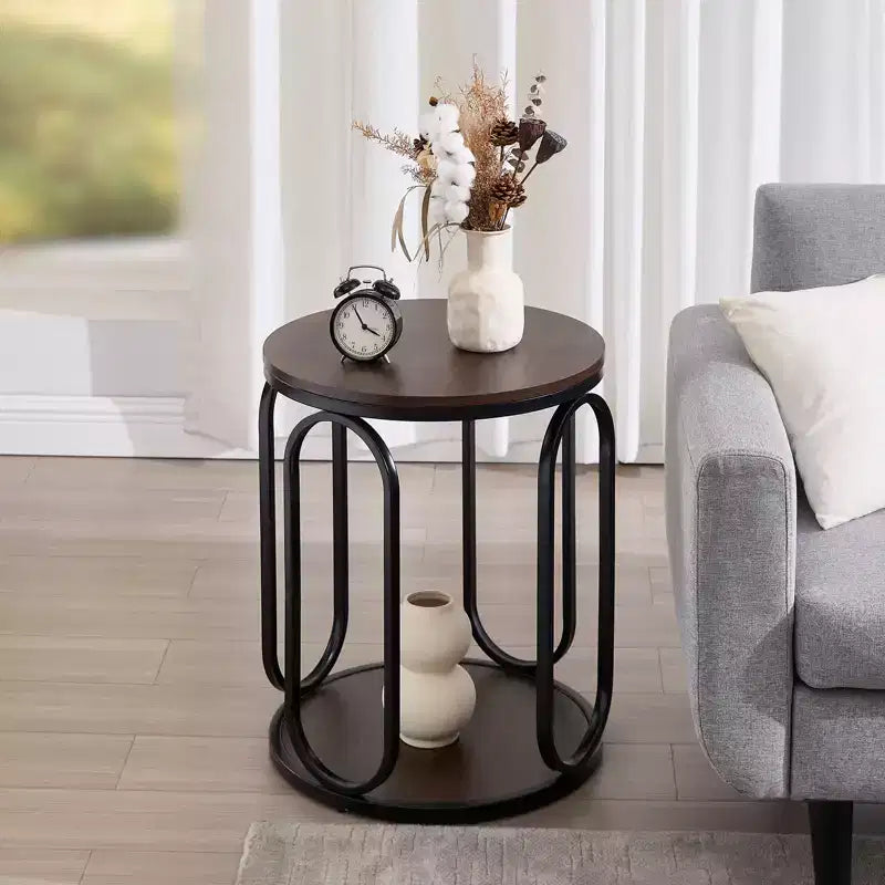 Table d'appoint industrielle ronde à 2 niveaux avec rangement, diamètre 50 cm, MDF et cadre métallique, capacité 63,5 kg