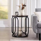Table d'appoint industrielle ronde à 2 niveaux avec rangement, diamètre 50 cm, MDF et cadre métallique, capacité 63,5 kg