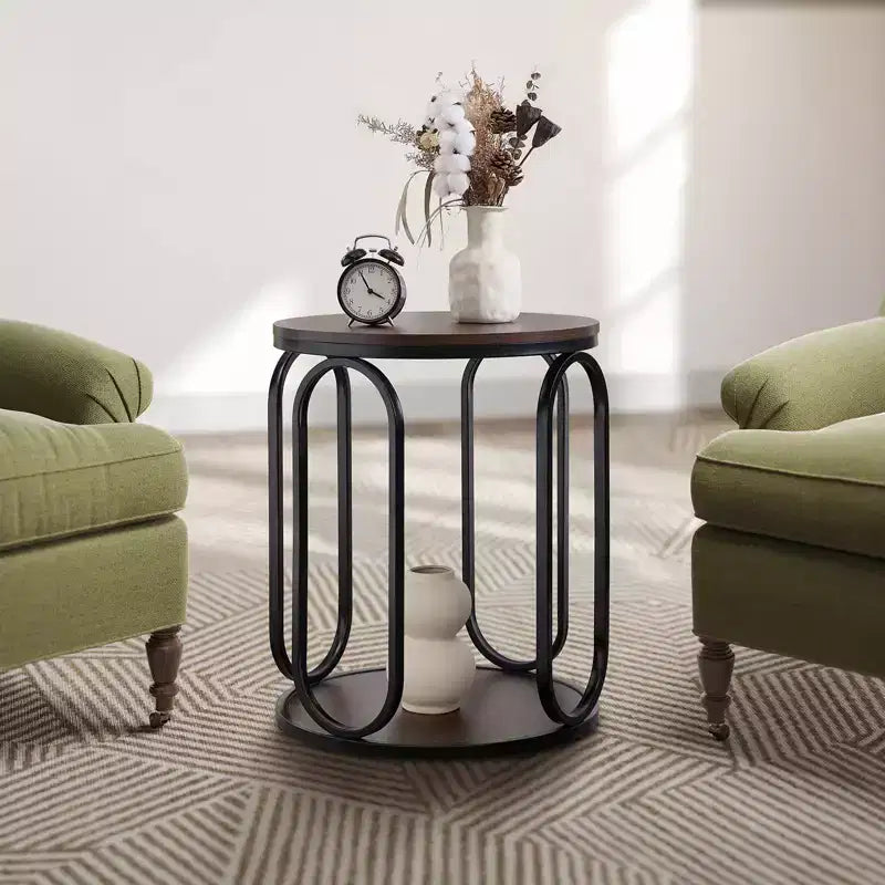 Table d'appoint industrielle ronde à 2 niveaux avec rangement, diamètre 50 cm, MDF et cadre métallique, capacité 63,5 kg