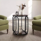 Table d'appoint industrielle ronde à 2 niveaux avec rangement, diamètre 50 cm, MDF et cadre métallique, capacité 63,5 kg