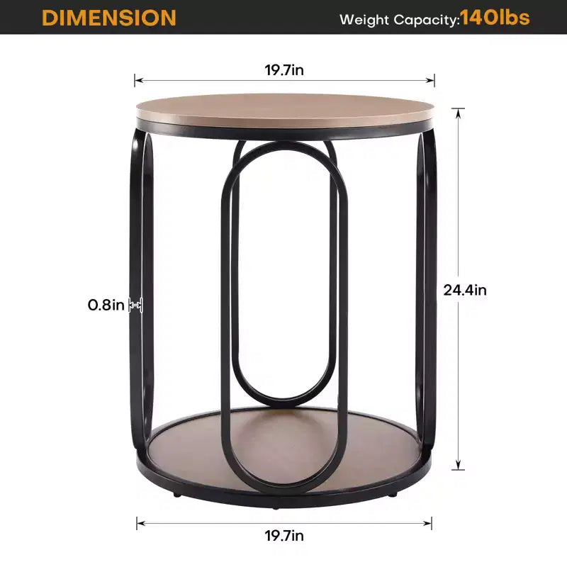 Table d'appoint industrielle ronde à 2 niveaux avec rangement, diamètre 50 cm, MDF et cadre métallique, capacité 63,5 kg