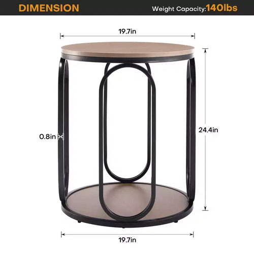 Table d'appoint industrielle ronde à 2 niveaux avec rangement, diamètre 50 cm, MDF et cadre métallique, capacité 63,5 kg