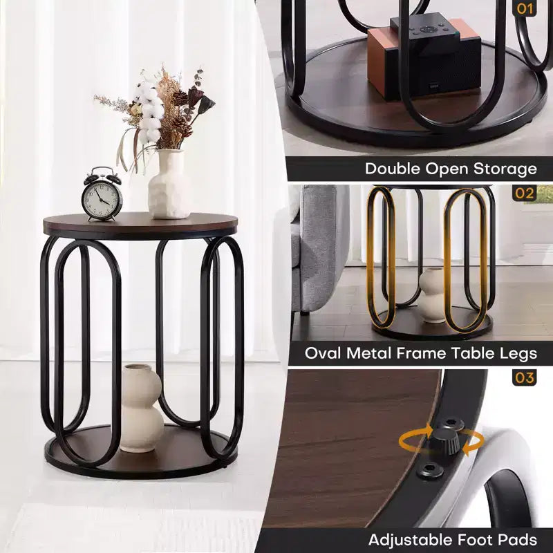 Table d'appoint industrielle ronde à 2 niveaux avec rangement, diamètre 50 cm, MDF et cadre métallique, capacité 63,5 kg