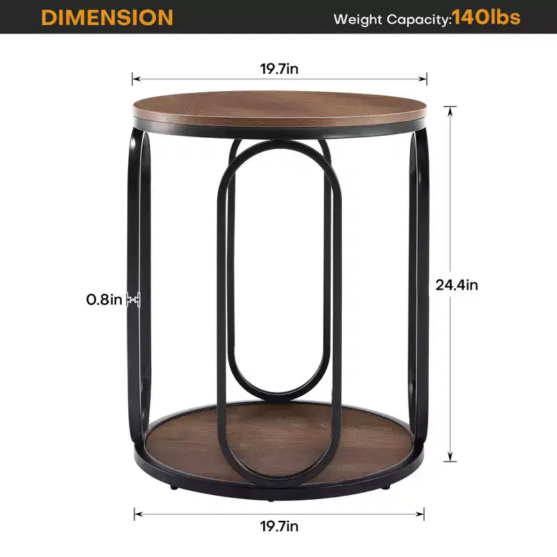 Table d'appoint industrielle ronde à 2 niveaux avec rangement, diamètre 50 cm, MDF et cadre métallique, capacité 63,5 kg