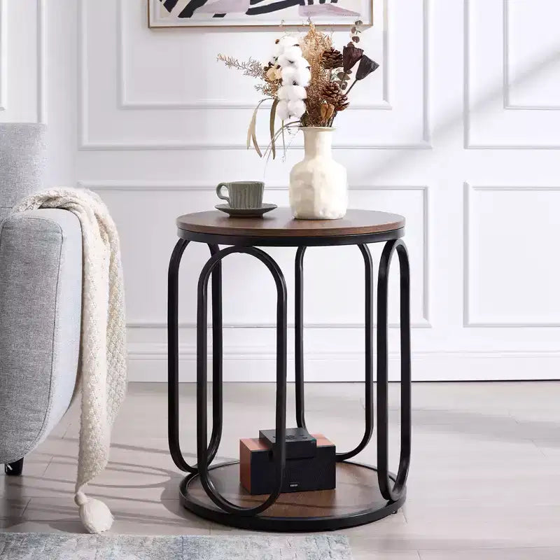 Table d'appoint industrielle ronde à 2 niveaux avec rangement, diamètre 50 cm, MDF et cadre métallique, capacité 63,5 kg