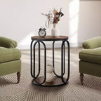 Table d'appoint industrielle ronde à 2 niveaux avec rangement, diamètre 50 cm, MDF et cadre métallique, capacité 63,5 kg