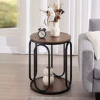 Table d'appoint industrielle ronde à 2 niveaux avec rangement, diamètre 50 cm, MDF et cadre métallique, capacité 63,5 kg