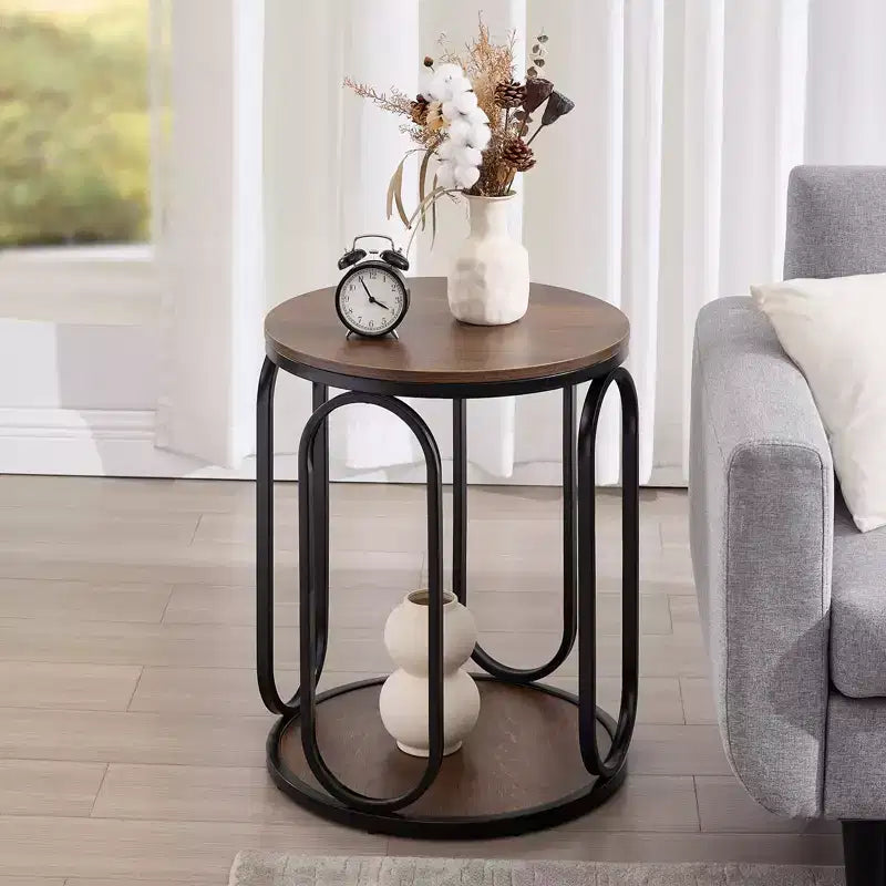 Table d'appoint industrielle ronde à 2 niveaux avec rangement, diamètre 50 cm, MDF et cadre métallique, capacité 63,5 kg