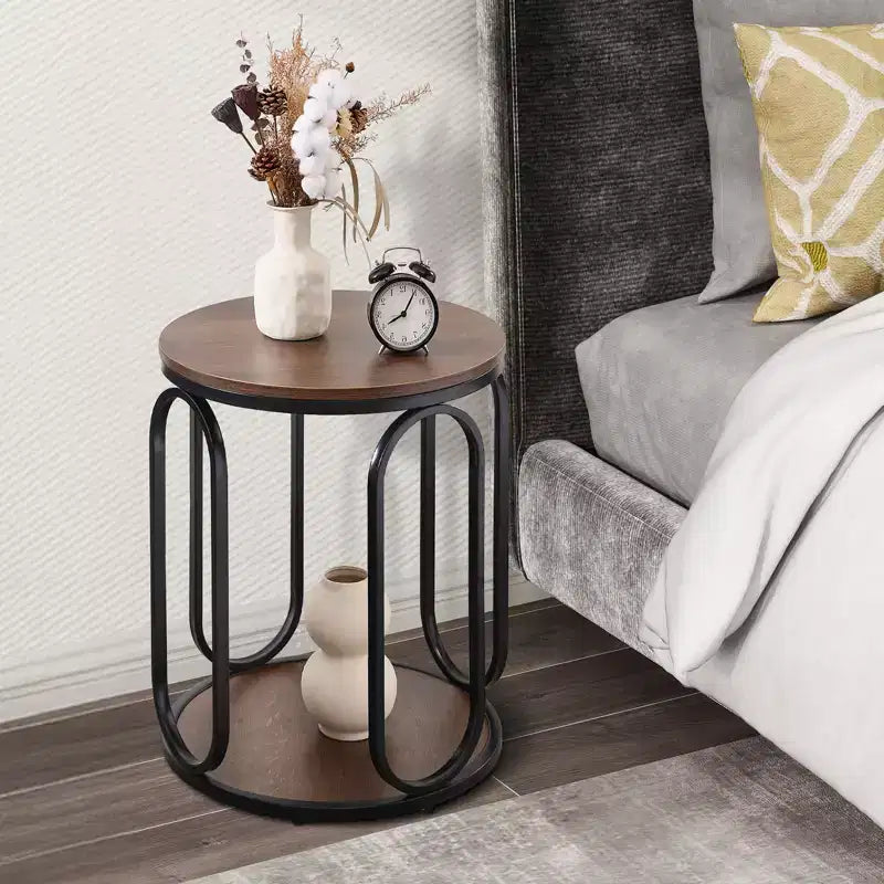 Table d'appoint industrielle ronde à 2 niveaux avec rangement, diamètre 50 cm, MDF et cadre métallique, capacité 63,5 kg