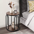 Table d'appoint industrielle ronde à 2 niveaux avec rangement, diamètre 50 cm, MDF et cadre métallique, capacité 63,5 kg