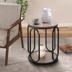 Table d'appoint industrielle ronde à 2 niveaux avec rangement, diamètre 50 cm, MDF et cadre métallique, capacité 63,5 kg