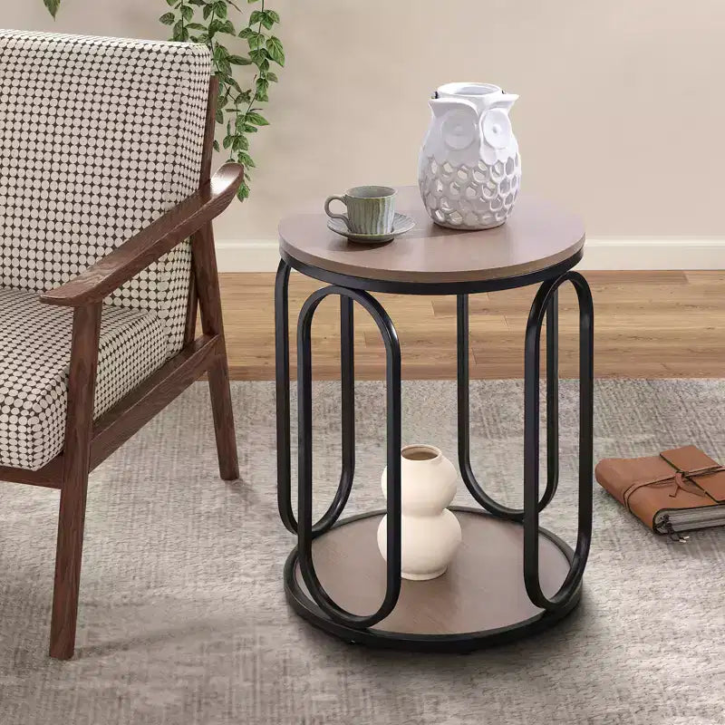 Table d'appoint industrielle ronde à 2 niveaux avec rangement, diamètre 50 cm, MDF et cadre métallique, capacité 63,5 kg