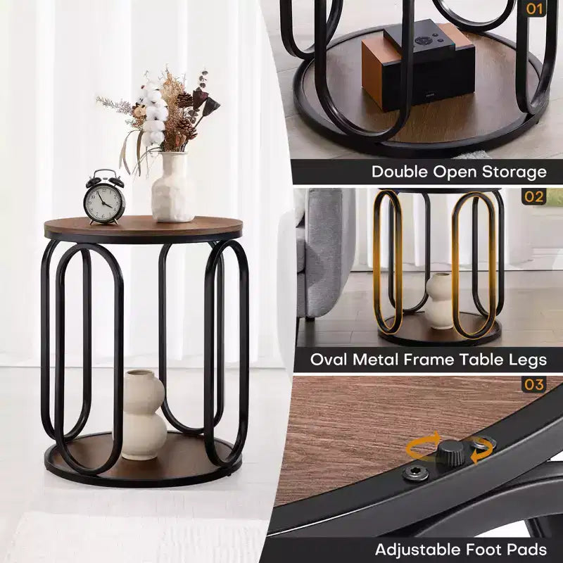 Table d'appoint industrielle ronde à 2 niveaux avec rangement, diamètre 50 cm, MDF et cadre métallique, capacité 63,5 kg
