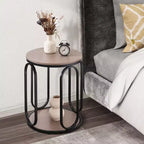 Table d'appoint industrielle ronde à 2 niveaux avec rangement, diamètre 50 cm, MDF et cadre métallique, capacité 63,5 kg