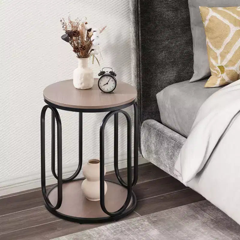 Table d'appoint industrielle ronde à 2 niveaux avec rangement, diamètre 50 cm, MDF et cadre métallique, capacité 63,5 kg