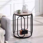 Table d'appoint industrielle ronde à 2 niveaux avec rangement, diamètre 50 cm, MDF et cadre métallique, capacité 63,5 kg