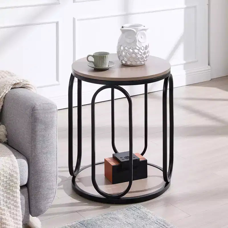 Table d'appoint industrielle ronde à 2 niveaux avec rangement, diamètre 50 cm, MDF et cadre métallique, capacité 63,5 kg
