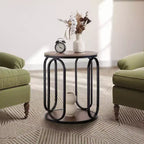Table d'appoint industrielle ronde à 2 niveaux avec rangement, diamètre 50 cm, MDF et cadre métallique, capacité 63,5 kg