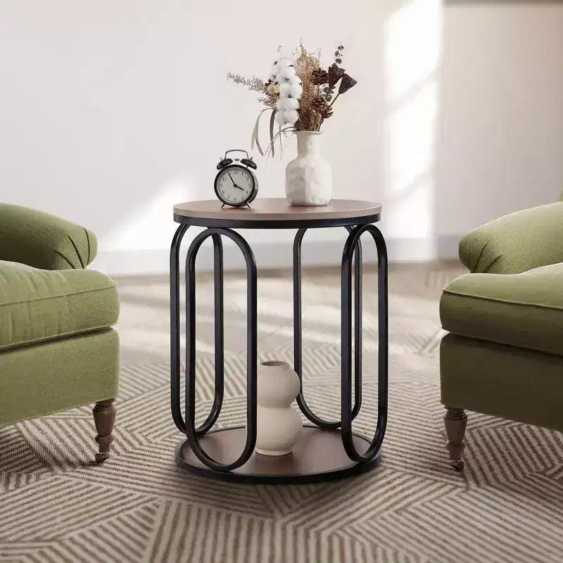 Table d'appoint industrielle ronde à 2 niveaux avec rangement, diamètre 50 cm, MDF et cadre métallique, capacité 63,5 kg
