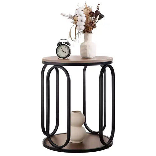 Bekrvio 2-Tier Round Small Side Table with Storage, 19.7 Wood Industrial End Table for Living Room, Bedroom, Office, Bathroom