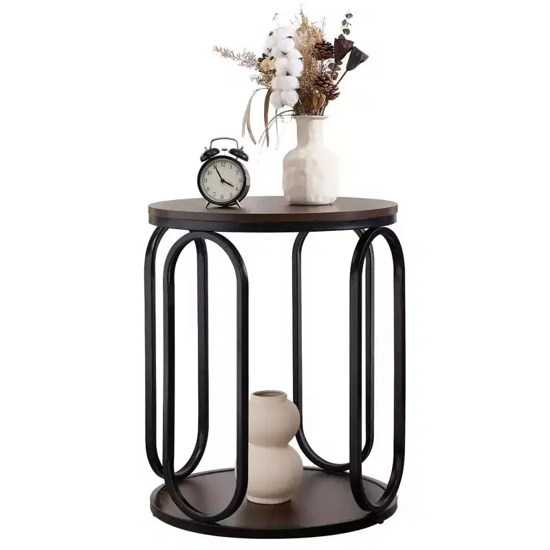 Table d'appoint industrielle ronde à 2 niveaux avec rangement, diamètre 50 cm, MDF et cadre métallique, capacité 63,5 kg