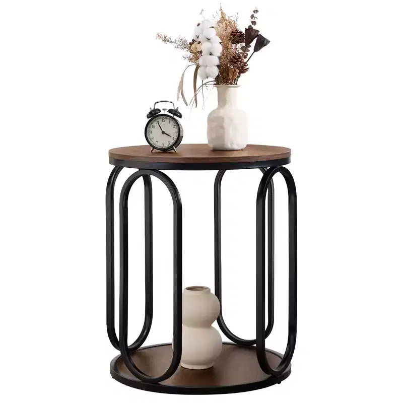 Table d'appoint industrielle ronde à 2 niveaux avec rangement, diamètre 50 cm, MDF et cadre métallique, capacité 63,5 kg