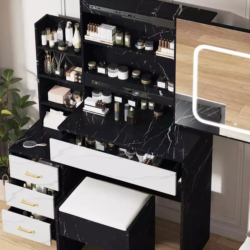 Coiffeuse avec miroir, coiffeuse de maquillage avec miroir coulissant éclairé, prise de courant, table de toilette avec 4 tiroirs, étagères de rangement et tabouret