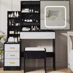 Coiffeuse avec miroir, coiffeuse de maquillage avec miroir coulissant éclairé, prise de courant, table de toilette avec 4 tiroirs, étagères de rangement et tabouret