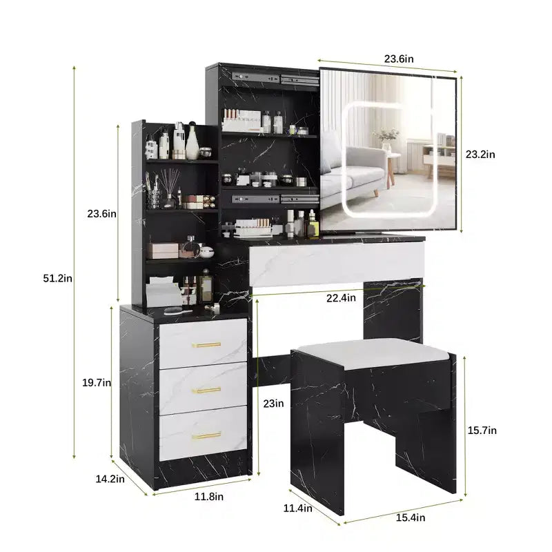 Coiffeuse avec miroir, coiffeuse de maquillage avec miroir coulissant éclairé, prise de courant, table de toilette avec 4 tiroirs, étagères de rangement et tabouret