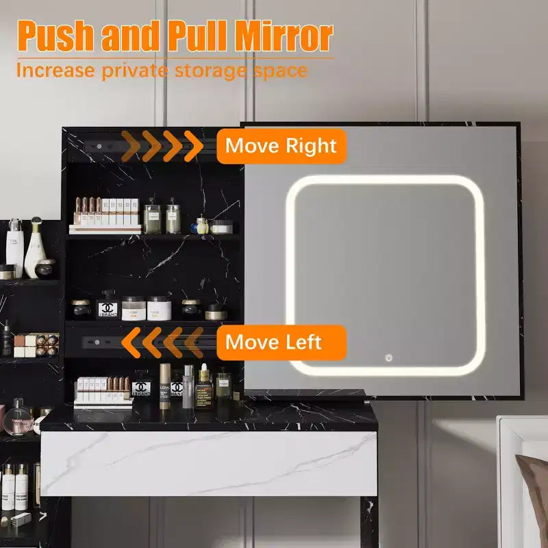Coiffeuse avec miroir, coiffeuse de maquillage avec miroir coulissant éclairé, prise de courant, table de toilette avec 4 tiroirs, étagères de rangement et tabouret
