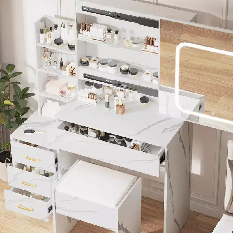 Coiffeuse avec miroir, coiffeuse de maquillage avec miroir coulissant éclairé, prise de courant, table de toilette avec 4 tiroirs, étagères de rangement et tabouret