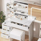 Coiffeuse avec miroir, coiffeuse de maquillage avec miroir coulissant éclairé, prise de courant, table de toilette avec 4 tiroirs, étagères de rangement et tabouret