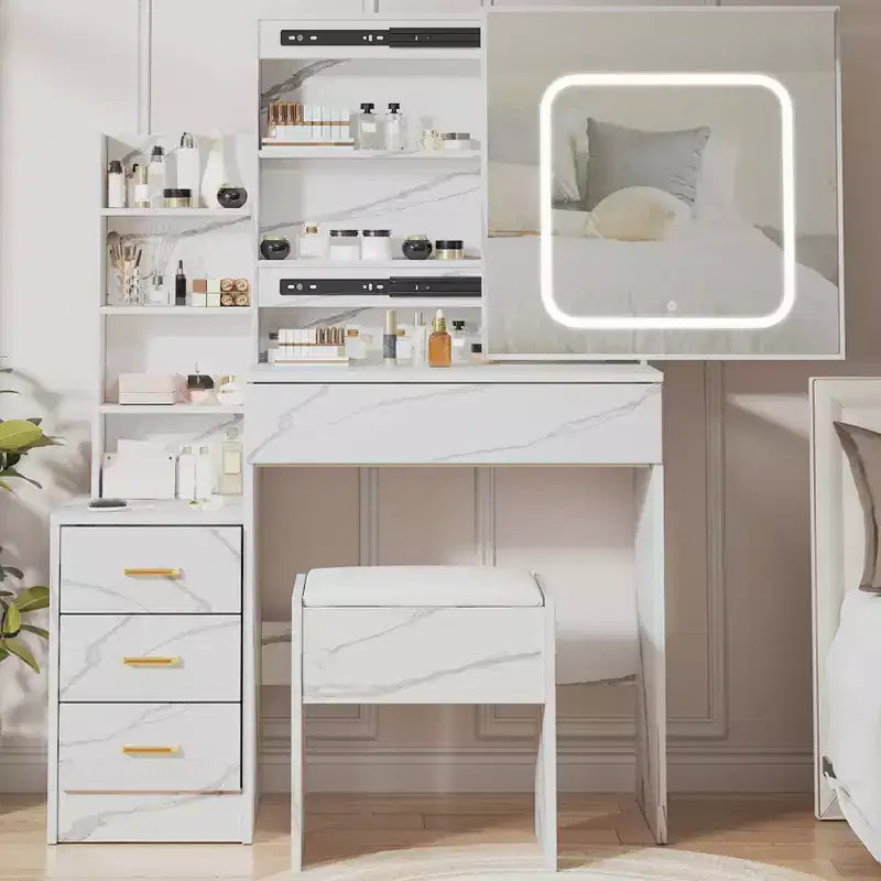 Coiffeuse avec miroir, coiffeuse de maquillage avec miroir coulissant éclairé, prise de courant, table de toilette avec 4 tiroirs, étagères de rangement et tabouret