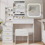 Coiffeuse avec miroir, coiffeuse de maquillage avec miroir coulissant éclairé, prise de courant, table de toilette avec 4 tiroirs, étagères de rangement et tabouret