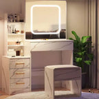 Coiffeuse avec miroir, coiffeuse de maquillage avec miroir coulissant éclairé, prise de courant, table de toilette avec 4 tiroirs, étagères de rangement et tabouret