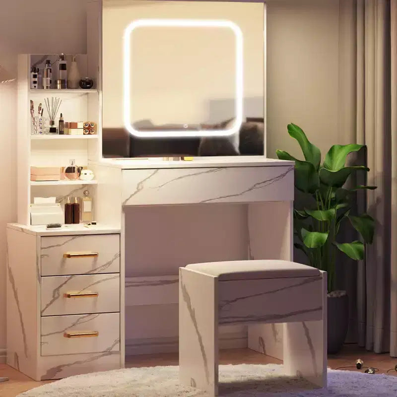 Coiffeuse avec miroir, coiffeuse de maquillage avec miroir coulissant éclairé, prise de courant, table de toilette avec 4 tiroirs, étagères de rangement et tabouret