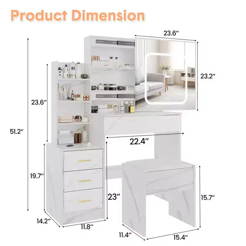 Coiffeuse avec miroir, coiffeuse de maquillage avec miroir coulissant éclairé, prise de courant, table de toilette avec 4 tiroirs, étagères de rangement et tabouret